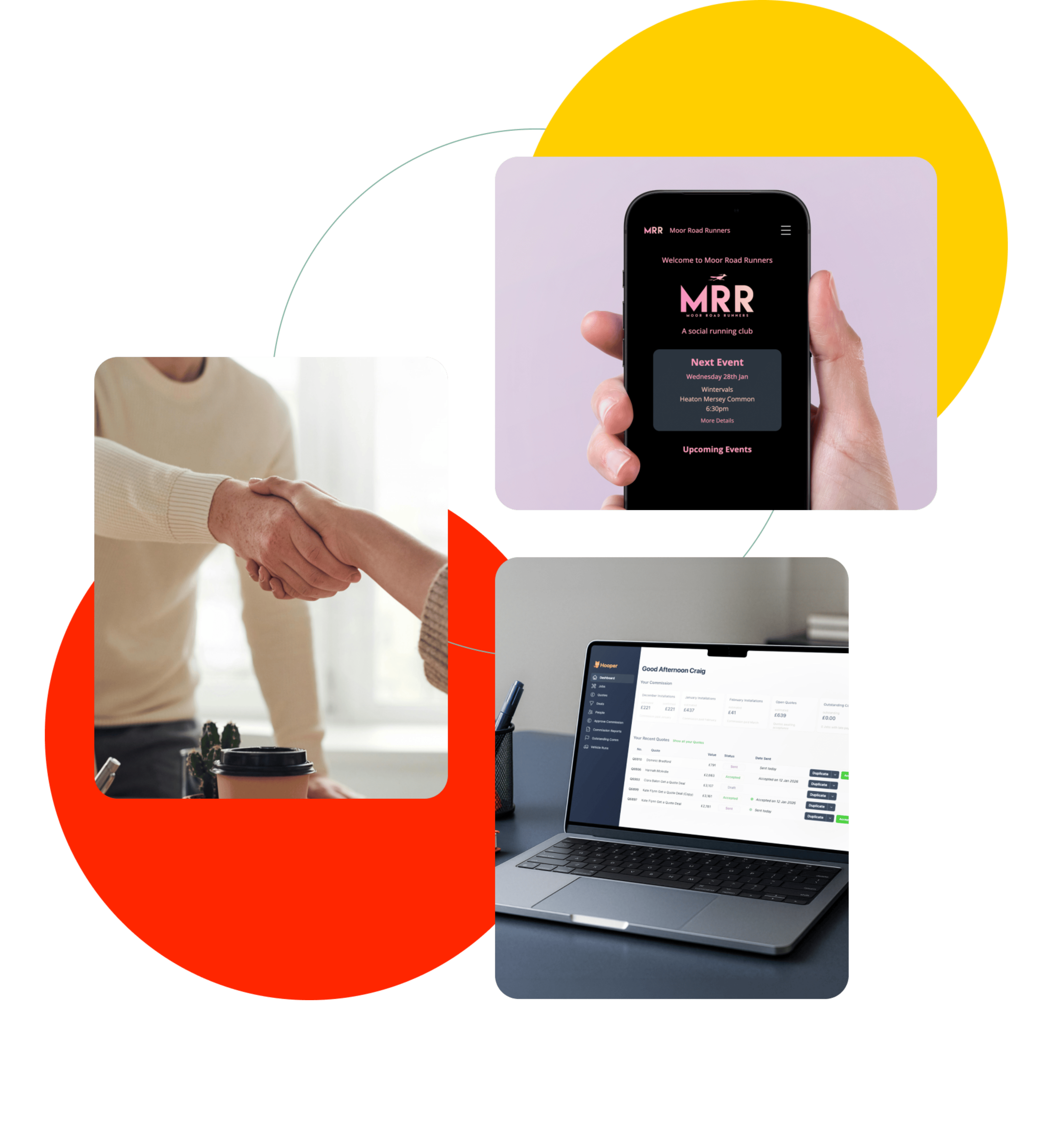 Collage of team collaboration — shaking hands, a client web app, and a bespoke application