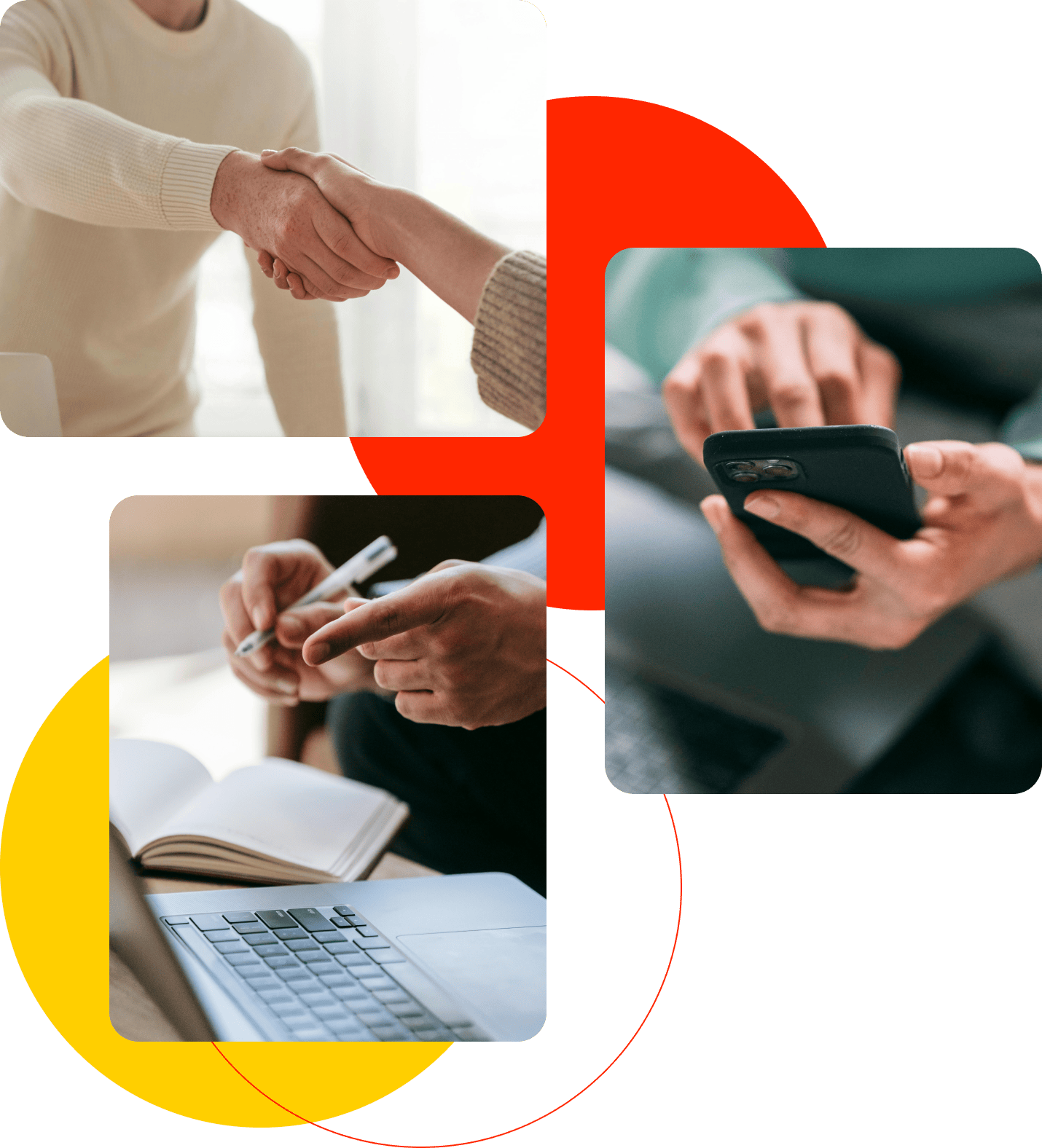 Collage of team collaboration — shaking hands, using a phone, and discussing work