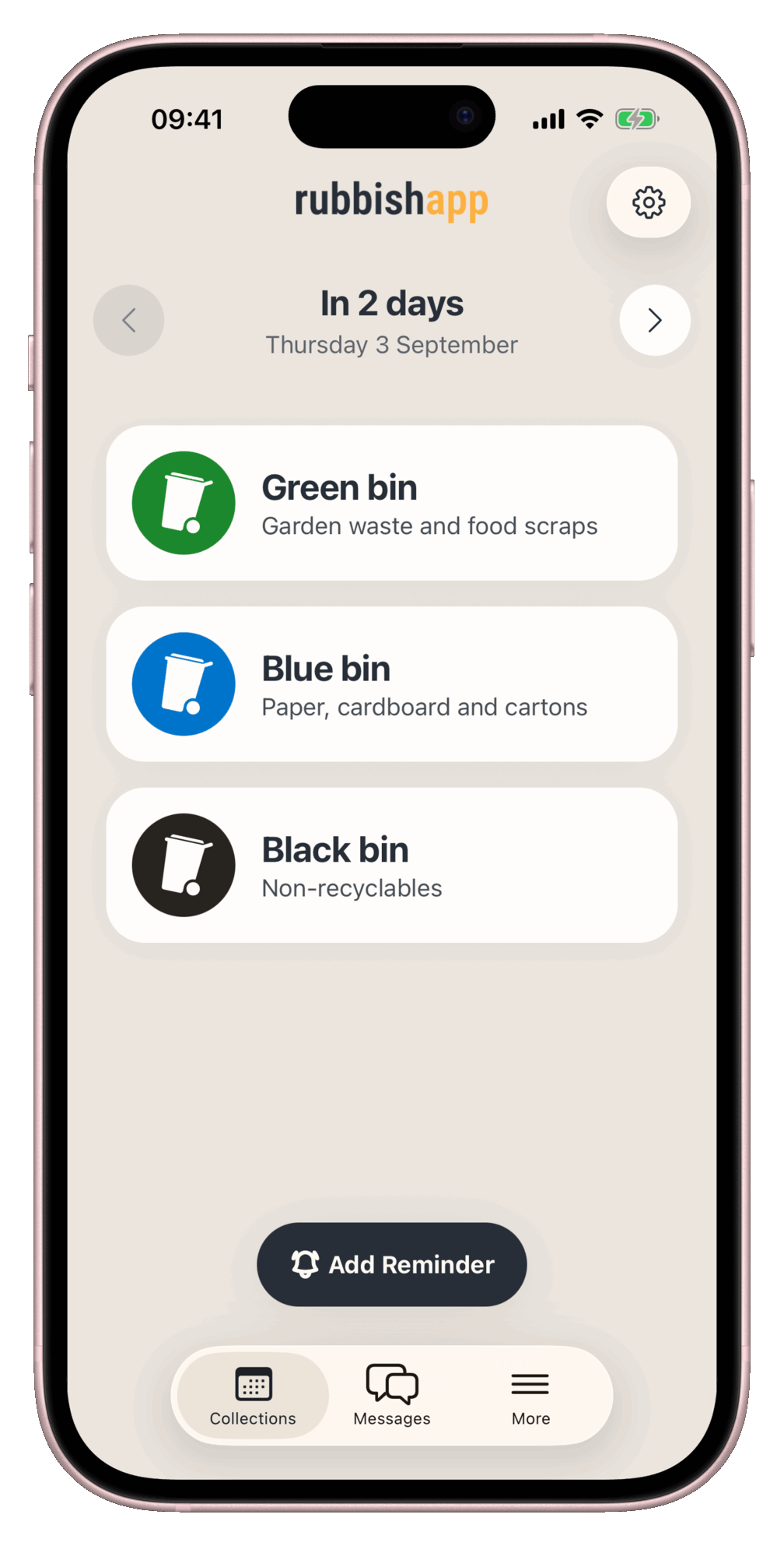 The Rubbishapp Collections screen listing the bins due at the next collection